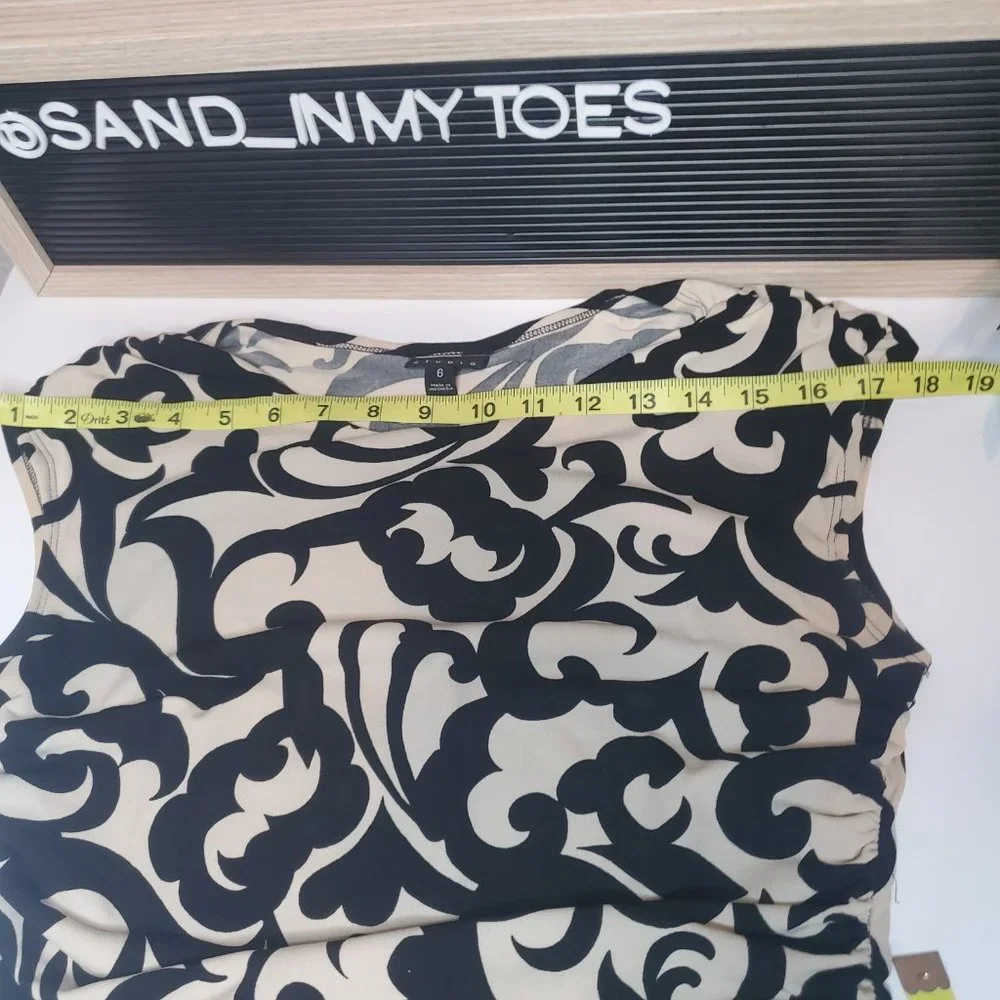 Enfocus Studio I Cream/Black Vine Patterned A-Line Scoop Neck Ruched Dre… - Picture 13 of 14